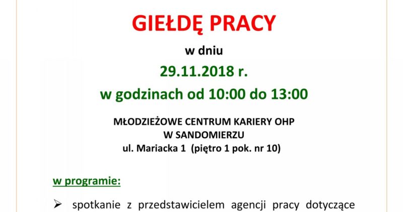 ZAPRASZAMY NA GIEŁDĘ PRACY W SANDOMIERZU – 29.11.2018