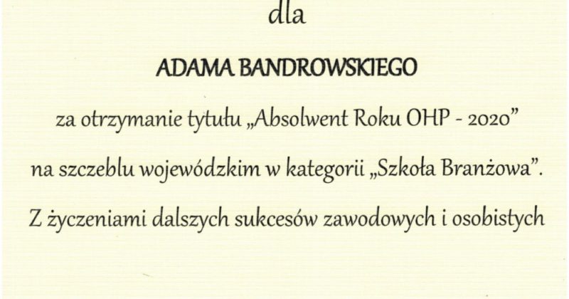 ROZSTRZYGNIĘCIE KONKURSU „ABSOLWENT ROKU OHP – 2020” NA SZCZEBLU WOJEWÓDZKIM